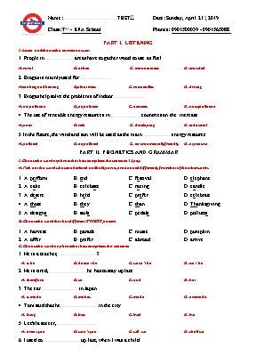 Đề thi học kỳ I môn Tiếng Anh Khối 7 - Năm học 2019-2020